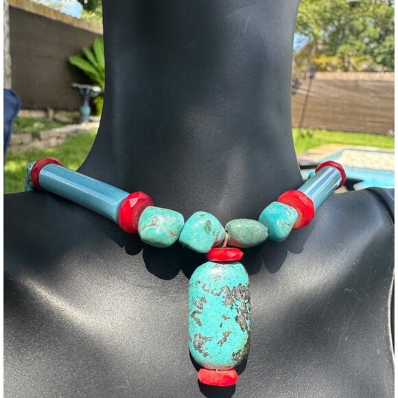 Vintage Native American Turquoise & Coral Beaded Necklace W Center Stone Pendant - Picture 4 of 7